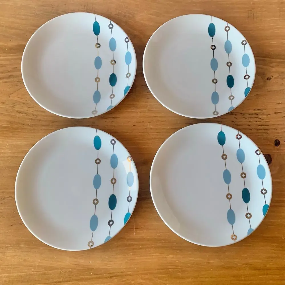 Pier 1 Beaded Garland Plates Salad Dessert Set of 4 Blue Silver 7 5/8